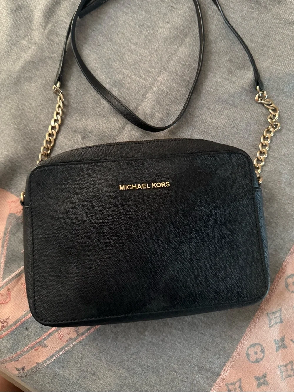 Michael Kors Black Leather Crossbody Camera Bag with Gold Hardware